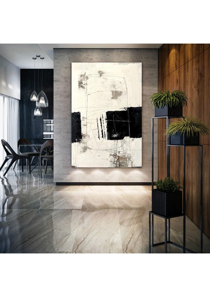 Siyah Beyaz Krem Abstract Dokusal Modern Şekiller Sanat Dekor Kanvas Tablo