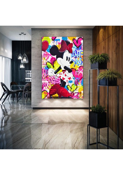 Kırmızı Ayakkabılı Tokalı Kalpli Etekli Minnie Mouse Fare Heart Kanvas Tablo