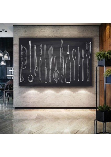 Mutfak Aletleri Kara Tahta Modern Mutfak Dekor Kanvas Tablo