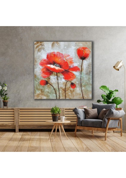 Kırmızı Yapraklı Gelincik Çiçeği Yağlı Boya Efektli Doğa Manzara Gonca Kanvas Tablo