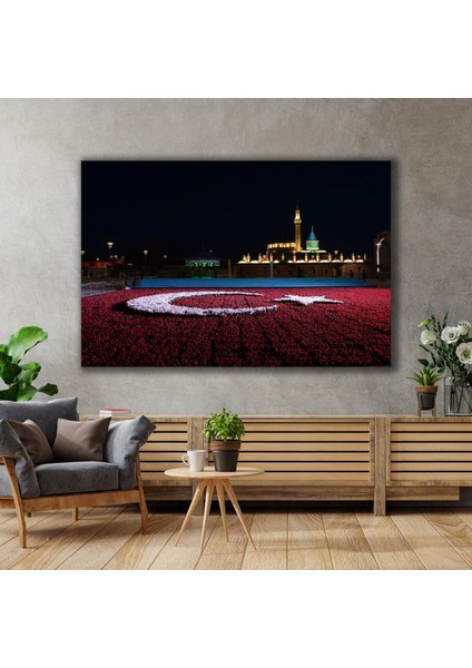 Konya Mevlana Türbesi Gece Manzarası Çiçek Türk Bayrağı Şehir Dekor Kanvas Tablo