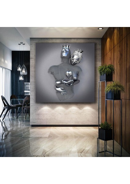 Metal Birbirine Sarılan Eli Kalbinde Taçlı Kral Kraliçe Aşk Love Modern Lüks Dekor Kanvas Tablo