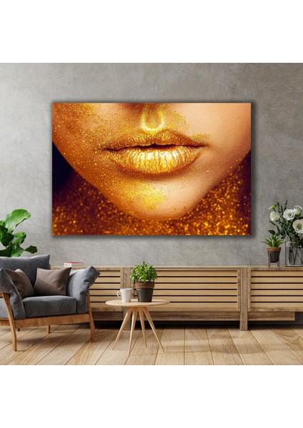 Altın Simli Kadın Dudağı Makyaj Kuaför Gold Ruj Woman Gold Dekor Kanvas Tablo