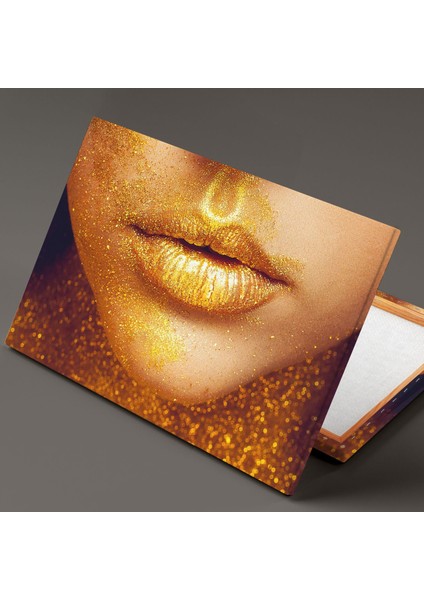 Altın Simli Kadın Dudağı Makyaj Kuaför Gold Ruj Woman Gold Dekor Kanvas Tablo fiyatları