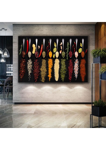 Kaşık Üzerindeki Yere Dökülmüş Bbaharatlar Mutfak Restorant Dekor Kanvas Tablo