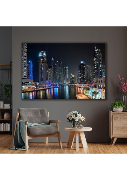 Gece Şehir Işıkları Altında Dubai Manzarası City Göl Kanvas Tablo