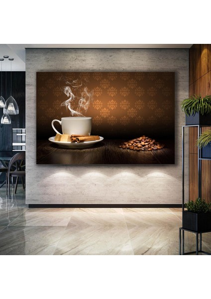 Dumanı Tüten Kahve Tarçın ve Kahve Çekirdekleri Mutfak Dekor Kanvas Tablo