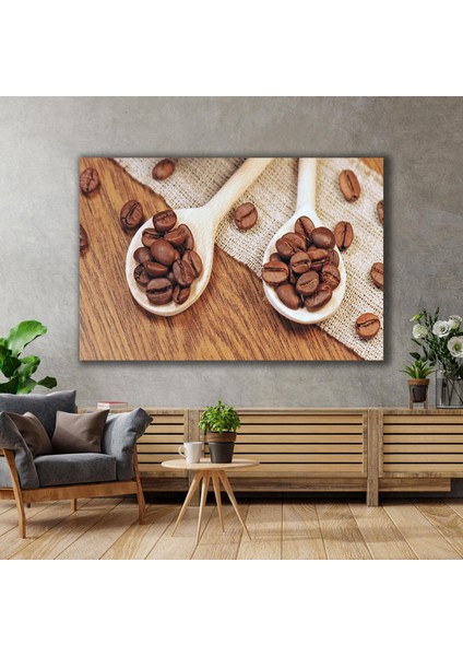 Kaşık Üzerindeki Kahve Çekirdekleri Mutfak Cafe Bar Dekor Kanvas Tablo