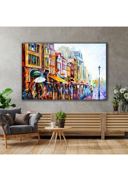 Amsterdam Yağmur Altında Yürüyen Şehirdeki İnsanlar Kanvas Tablo