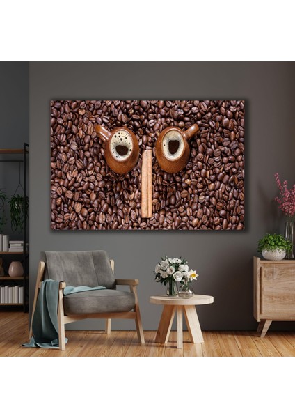 Kahve Çekirdekleri Ve Kahve Bardaklarından Surat Tarçın Mutfak Dekor Kanvas Tablo