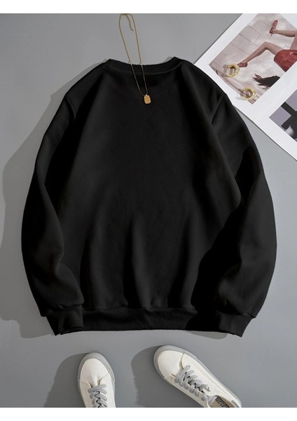 Kadın Çizgili Kalp Baskılı Oversize Sweatshirt