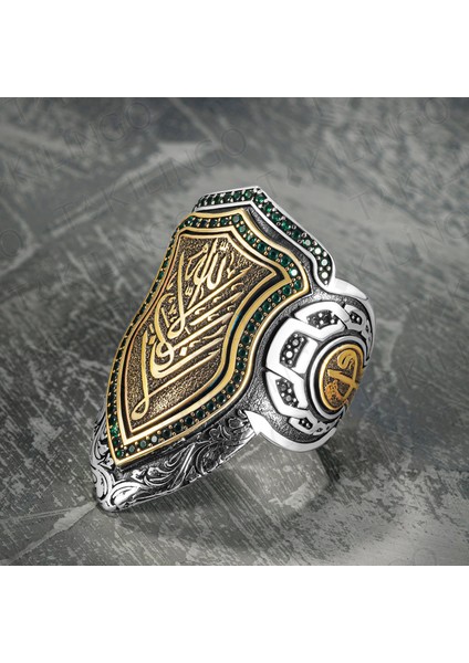 925 Ayar Gümüş Ayarlanabilir Zirkon Taşlı La Galibe Illallah Yazılı Erkek Yüzük
