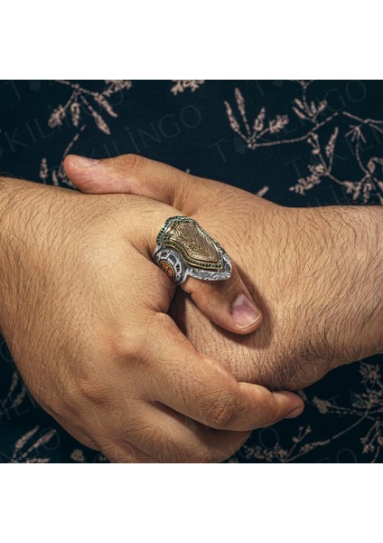 925 Ayar Gümüş Ayarlanabilir Zirkon Taşlı La Galibe Illallah Yazılı Erkek Yüzük modelleri