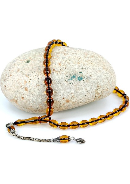 Gümüş Püsküllü Beyzi Model Ateş Kehribar Tesbih Z2230