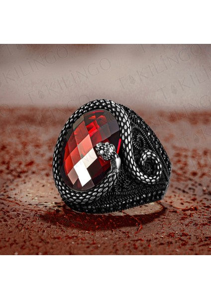 925 Ayar Gümüş Kırmızı Zirkon Taşlı Yılan Motifli Erkek Yüzük