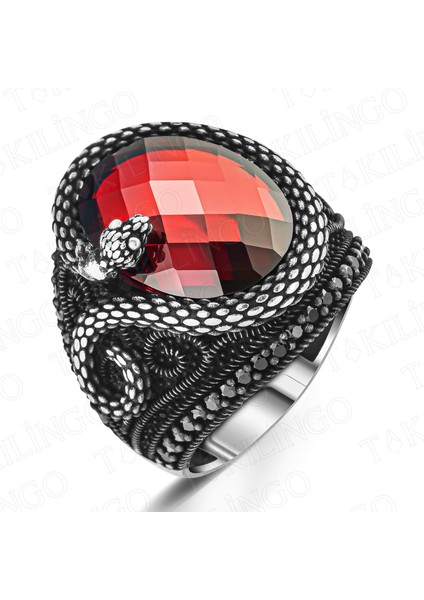 925 Ayar Gümüş Kırmızı Zirkon Taşlı Yılan Motifli Erkek Yüzük fiyatları