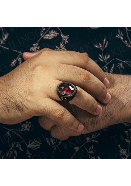 925 Ayar Gümüş Kırmızı Zirkon Taşlı Yılan Motifli Erkek Yüzük modelleri