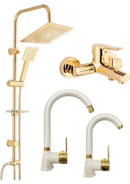 Gold Altın Kare Robot Seti Gold Banyo Gold Lavabo Mutfak Bataryası Musluğu Çeşmesi 4'lü Set Kare Robot Gold Set
