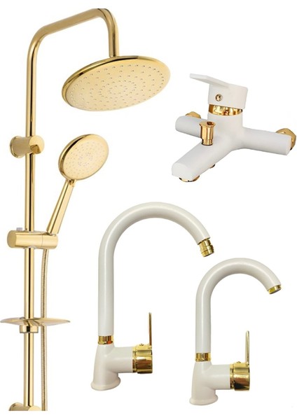 Gold Altın Yuvarlak Robot Seti Beyaz Gold Banyo Lavabo Mutfak Bataryası Musluğu Çeşmesi 4'lü Set Lüx Gold Detay