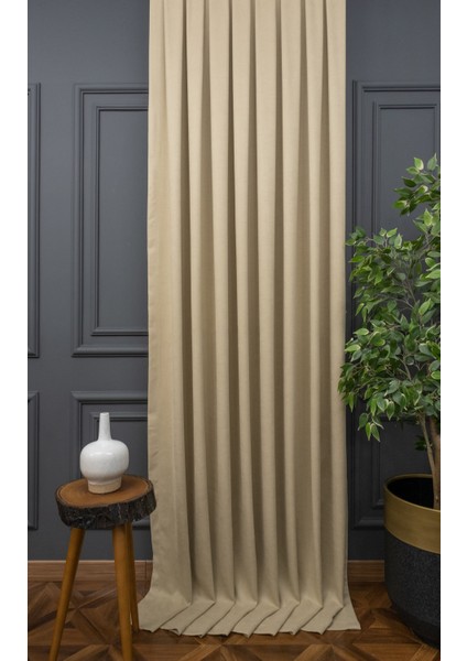 Bej Petek Kadife Dokulu Fon Perde, 1/2 Seyrek Pile, 80 x 240 cm