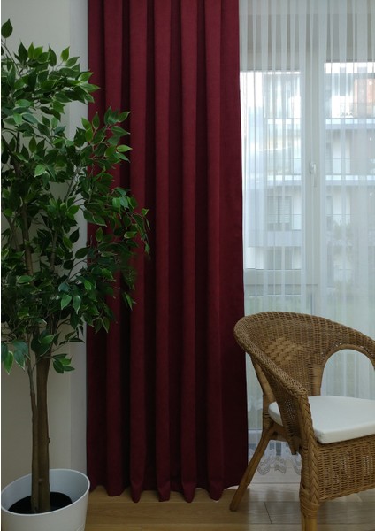 Bordo Petek Kadife Dokulu Fon Perde, Pilesiz Düz Dikim Ekstrafor Büzgü, 100 x 260 cm