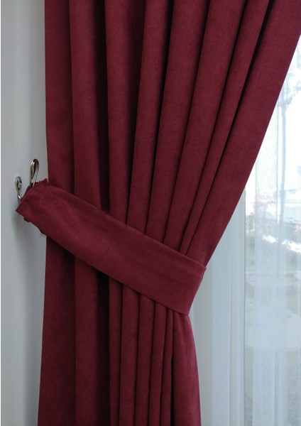 Bordo Petek Kadife Dokulu Fon Perde, Pilesiz Düz Dikim Ekstrafor Büzgü, 100 x 260 cm