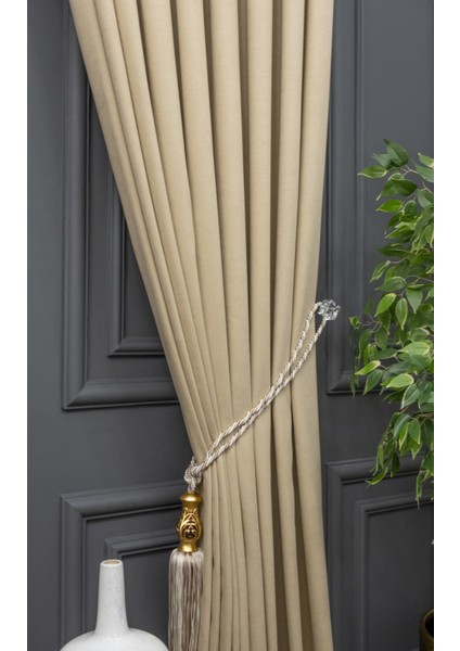 Bej Petek Kadife Dokulu Fon Perde, 1/2 Seyrek Pile, 50 x 270 cm modelleri