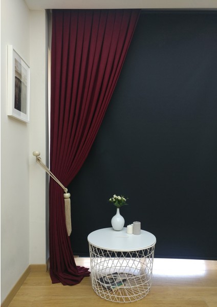 Bordo Petek Kadife Dokulu Fon Perde, 1/2 Seyrek Pile, 50 x 270 cm