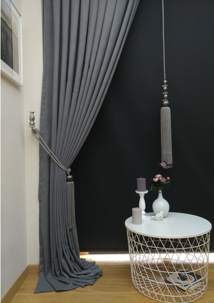 Gri Petek Kadife Dokulu Fon Perde, Pilesiz Düz Dikim Ekstrafor Büzgü, 90 x 270 cm