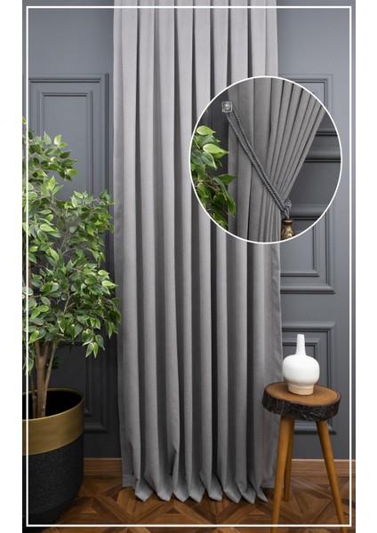Gri Petek Kadife Dokulu Fon Perde, 1/3 Sık Pile, 50 x 250 cm