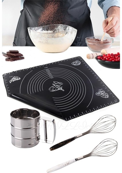 Silikon Hamur Matı Hamur Açma Matı, Un Eleği Şeker Elek ve 2'li Mermer Desen Çırpıcı