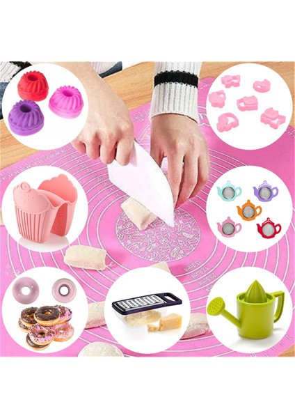 Hamur Matı 50X40 + Kek Kurabiye Donut Kalıbı + Fırın Eldiveni + Sıkacak + Süzgeç + Rende Hamur Seti
