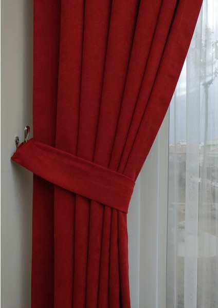 Kırmızı Petek Kadife Dokulu Fon Perde, 1/2.5 Normal Pile, 50 x 250 cm