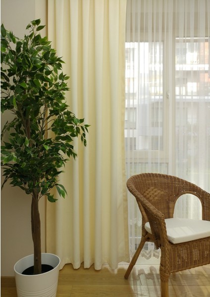 Krem Petek Kadife Dokulu Fon Perde, 1/2 Seyrek Pile, 50 x 270 cm