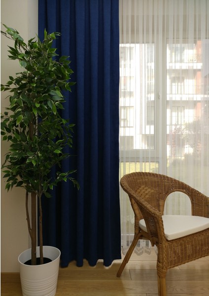 Lacivert Petek Kadife Dokulu Fon Perde, 1/2 Seyrek Pile, 60 x 240 cm