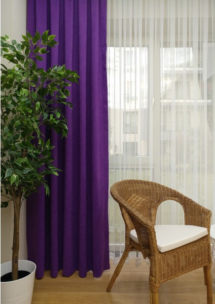 Mor Petek Kadife Dokulu Fon Perde, 1/2 Seyrek Pile, 50 x 250 cm