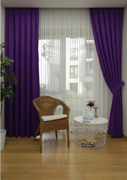 Mor Petek Kadife Dokulu Fon Perde, 1/2 Seyrek Pile, 50 x 250 cm