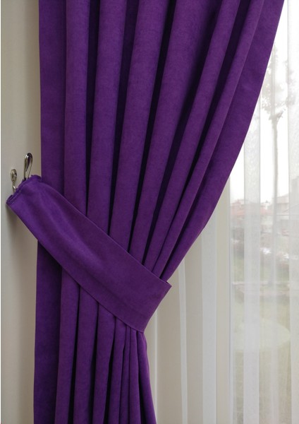Mor Petek Kadife Dokulu Fon Perde, 1/2 Seyrek Pile, 50 x 250 cm