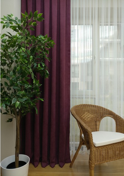 Mürdüm Petek Kadife Dokulu Fon Perde, 1/3 Sık Pile, 50 x 270 cm