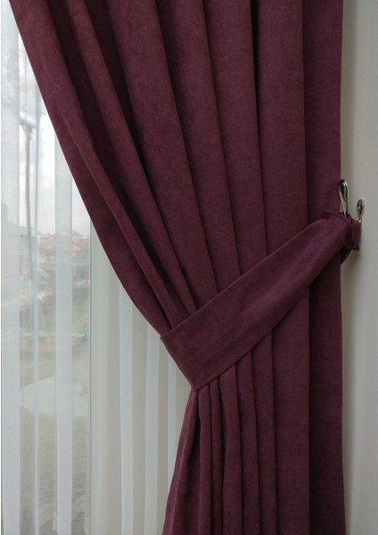 Mürdüm Petek Kadife Dokulu Fon Perde, 1/3 Sık Pile, 50 x 270 cm