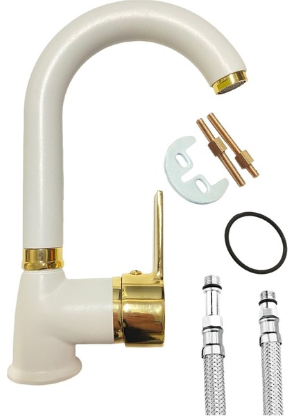 Beyaz Gold Lüx Banyo Lavabo Bataryası Musluğu Sıcak Soğuk Giriş Kaliteli Statik Toz Kaplamalı modelleri