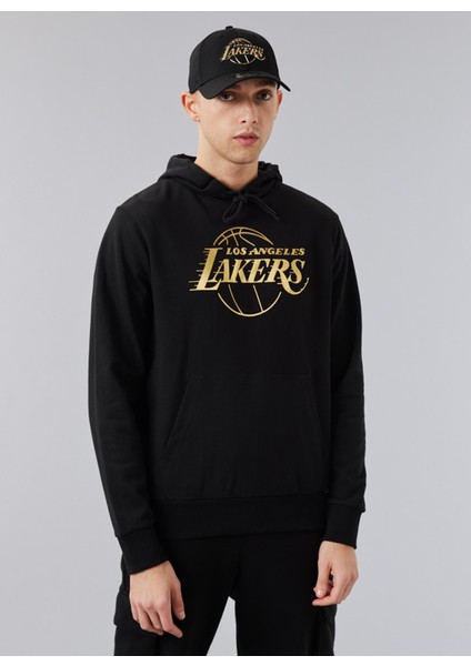 Kapüşon Yaka Siyah Erkek Sweatshirt 60284705NBA Foil Print Hoody Loslak