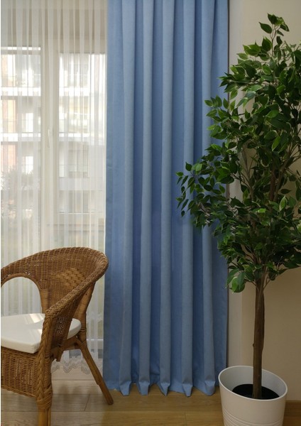 Taç Açık Mavi Petek Kadife Dokulu Fon Perde, 1/2 Seyrek Pile, 60 x 250 cm