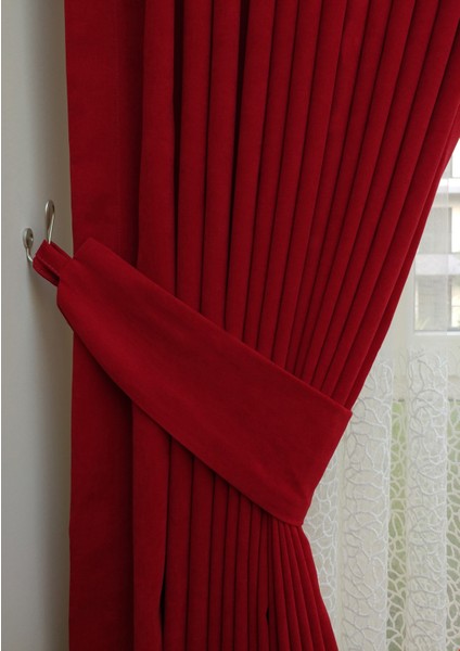 Evdepo Home Taç Kırmızı Petek Kadife Dokulu Fon Perde, 1/2.5 Normal Pile, 50 x 250 cm