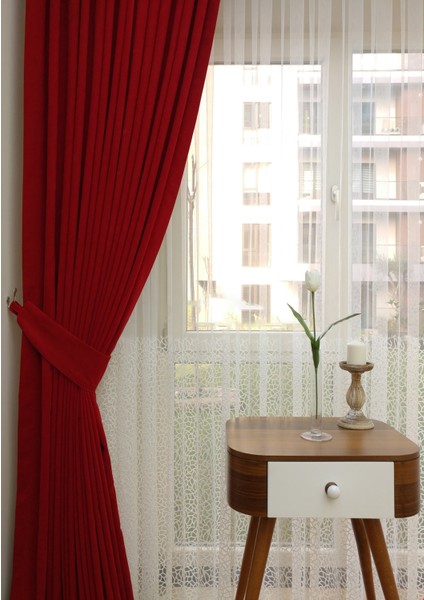 Evdepo Home Taç Kırmızı Petek Kadife Dokulu Fon Perde, 1/3 Sık Pile, 400 x 270 cm