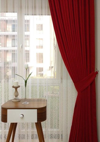 Evdepo Home Taç Kırmızı Petek Kadife Dokulu Fon Perde, 1/3 Sık Pile, 400 x 270 cm