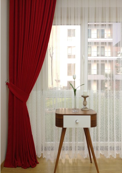 Evdepo Home Taç Kırmızı Petek Kadife Dokulu Fon Perde, 1/3 Sık Pile, 400 x 270 cm