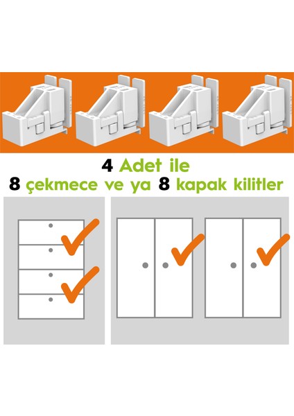 8 Adet Dolap Kapağı Veya Çekmece Kilitler Gizli Çocuk Kilidi (4 Adet Kilit)