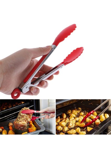 Jet’s Home Barbekü Mangal Maşası Paslanmaz Saplı Silikon Ağız Klipsli Kırmızı 25 cm