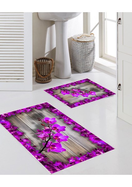 Orkide Desenli 2'li Büyük Boy Banyo Paspas Seti